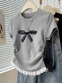 Resyla 女士圆领短袖休闲蝴蝶结印花褶皱夏季T恤 - 灰色 - 查看 1