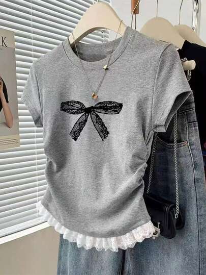 Resyla Camiseta de verano casual con cuello redondo, manga corta, estampado de lazos y fruncido