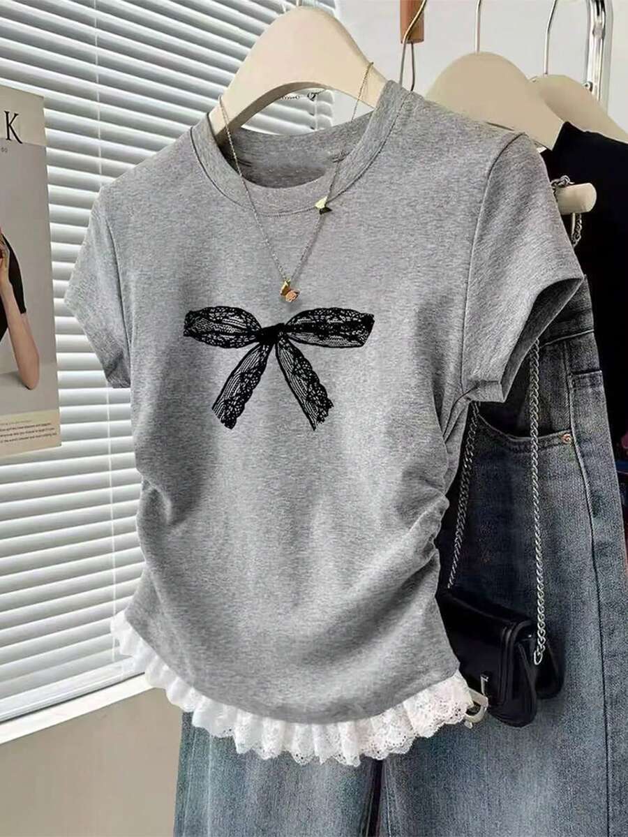 Resyla 女士圆领短袖休闲蝴蝶结印花褶皱夏季T恤 - 灰色 - 查看 1