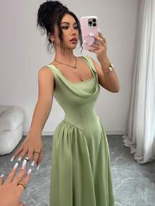 Elenzga 新款法式方领收腰缎面垂褶优雅修身派对连衣裙，女士 - 綠色 - 查看 8