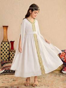 SHEIN 女童白色长袖连衣裙，袖口开衩设计，金色滚边缎带装饰，优雅迷人，适合假日、派对、春夏穿着。 - 白色 - 查看 4