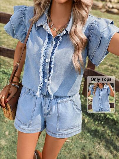 Breezaya Blusa vaquera de manga corta con volantes en el bajo, corte holgado y elegante color claro para mujer