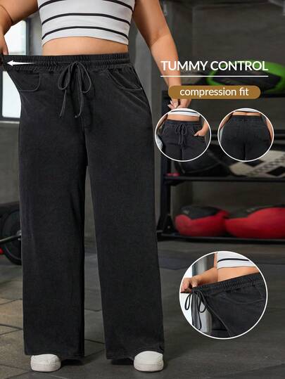 Flexra Plus Size Women Drawstring Waist Pockets Casual Versatile Daily Wear Wide Leg Jeans