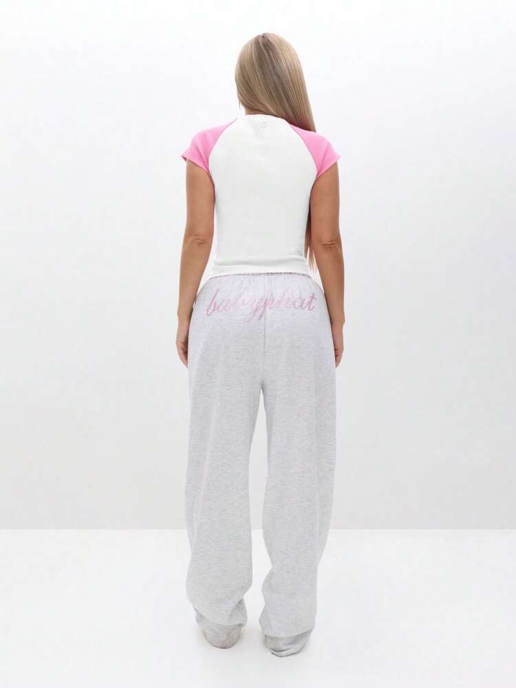 BABYPHAT Ribbed Short Sleeve Raglan T Shirt With Contrast Pink Sleeves Crew Neck Casual Summer Top