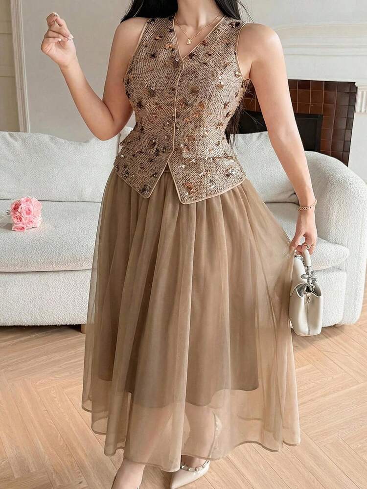 Dazy Plus Sequin Embroidery Decor V-Neck Sleeveless Jacket, Elastic Waist A-Line Mesh Long Elegant 2-Piece Set, Spring/Summer