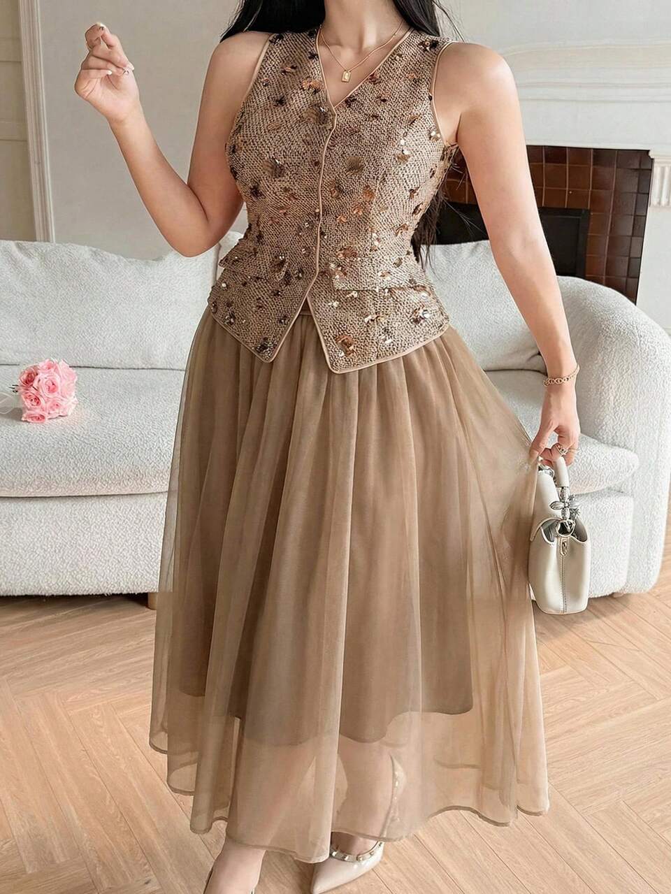 Dazy Plus Sequin Embroidery Decor V-Neck Sleeveless Jacket, Elastic Waist A-Line Mesh Long Elegant 2-Piece Set, Spring/Summer