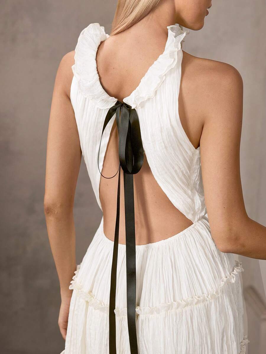 MOTF Soiréza WOMEN'S ELEGANT FLOOR-LENGTH FORMAL DRESS WITH RUFFLE NECKLINE, IDEAL FOR WEDDINGS, GALA DINNERS, CELEBRATIONS & FORMAL PARTIES - Beige - View 1