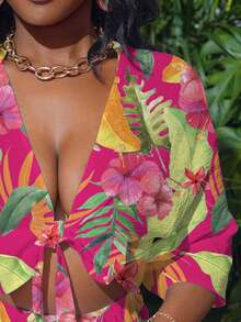 Slaydiva Mono holgado de vacaciones con mangas 3/4, escote con abertura y nudo delantero en blanco - Multicolor - Ver 3