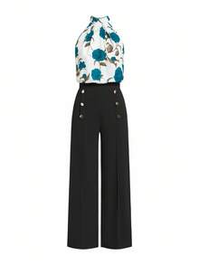 Ellevyn Women's Floral Print Ruched Halter Top And Wide Leg Pants Casual 2-Piece Set - Black - View 6