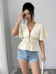 Elenzga Elegant,Effortless Chic Cream White Women's Blouse,Deep V-Neck Ruffled Sleeves Front Knotted Hem Casual Summer Top For Vacation - Apricot - View 4