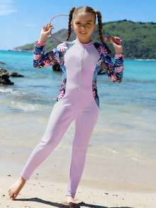 SHEIN Bộ áo tắm liền thân dài tay in hoa có khóa kéo dành cho bé gái tuổi teen, thích hợp cho mùa hè. - Màu tím - Xem 1