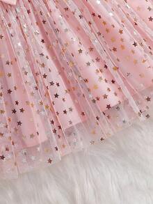 Souflis Souflis Cute Baby Girls Pink Round Neck Long Sleeve Geometric Star Short Dress With Ruffle Details And Bow - Pink - View 6