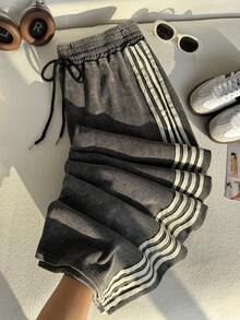 Comfortcana 加大码黑色直筒宽松休闲裤，抓绒面料 - 黑色 - 查看 1