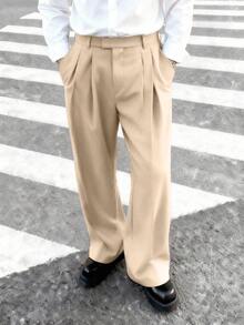 Manfinity Roghcode Men's Casual Slant Pocket Pleated Trousers, Suitable For Commuting - Khaki - View 5