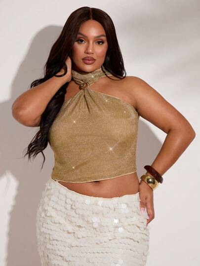 SHEIN BAE Plus Size Women Sleeveless Gold Mesh Vest