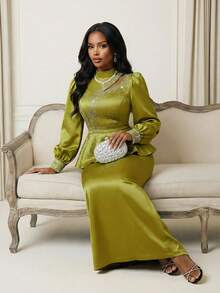 Anewsta 女士优雅简约水钻装饰长袖高领收腰镂空上衣+长裙两件套 - 綠色 - 查看 6