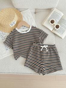 LMoss Kids 2 piezas Conjunto de camiseta de cuello redondo a rayas y pantalones cortos de punto para niña bebé - Multicolor - Ver 3