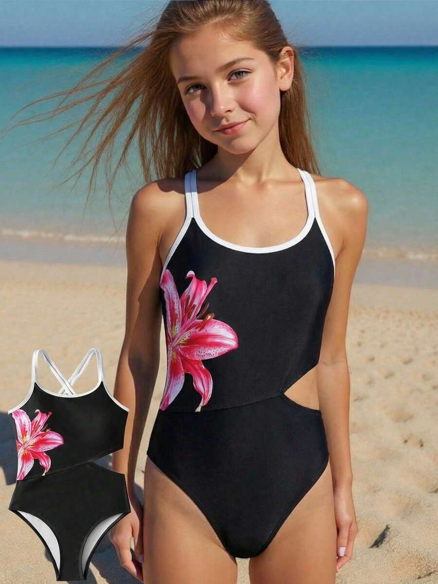 SHEIN 少女休闲夏季海滩度假撞色印花百合花连体泳衣，黑色 - 黑色 - 查看 1