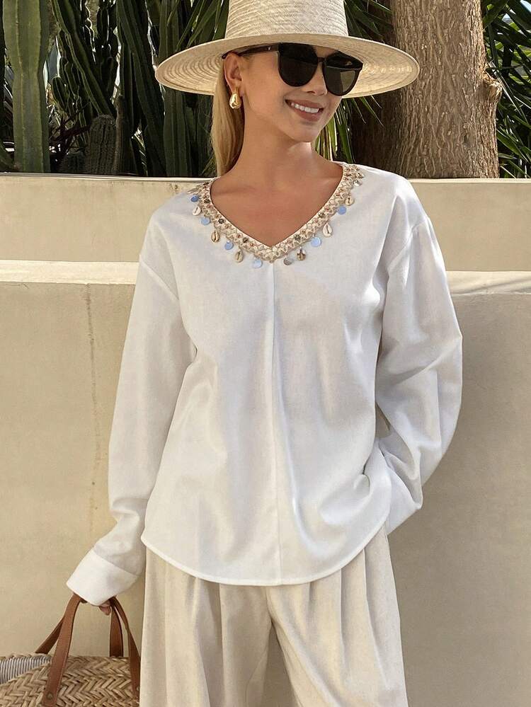 Women's Casual Pendant Decor Long Sleeve T-Shirt Summer