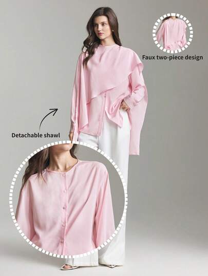 Ontre 2026ss Women's Soft, Skin-Friendly, Shiny, Slightly Elastic Dual Crepe Fabric Detachable Cape Design Loose Fit Dropped Shoulder Long Sleeve Small Stand Collar And Asymmetric Hem Cape, Elegant And Chic For Wedding Guest, Minimalist And Romantic French Style, Luxurious Urban Fashion, Versatile For Office, Business Casual, Commute, High-Quality Airport And Cruise Wear Valentine's Day Special Design High-End, Elegant, Old-Fashioned Cruise Attire For Wedding Guests High-End, Elegant, Old-Fashioned