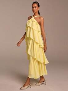 COSMINA Women's Elegant Sleeveless Ruffled Dress, Suitable For Vacation, Date, Wedding Guest, Spring & Summer - Light Yellow - View 6