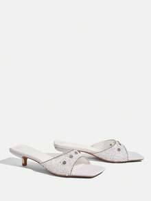 CUCCOO TILAWA Fashionable Square Toe Kitten Heel White Open Toe Transparent Rhinestone Slip-On Sandals, Stylish & Elegant Mid-Heel Dress Sandals For Women - White - View 3