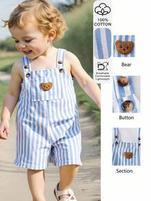 Genkimix Kids New Cute Bear Head Casual Blue & White Striped Pocket Young BoyBib & Brace Overalls - Blue and White - View 8