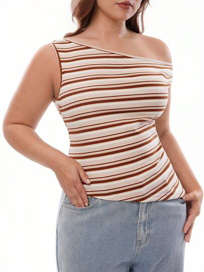 Solavibe 大码女式条纹不对称肩部修身休闲T恤