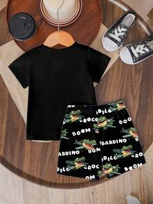 SHEIN Streecool Kids 2件組小男孩休閒椰子樹與漸層印花短袖T恤短褲套裝，舒適夏季日常穿著拍照套裝 - 彩色 - 查看 2