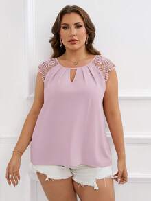 SHEIN Clasi Plus Size Women's Solid Color Keyhole Neck Contrast Lace Raglan Sleeve Elegant Blouse - Lilac Purple - View 5
