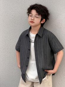 DAZY 男童条纹短袖单排扣休闲衬衫（夏季款） - 灰色 - 查看 6