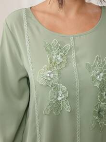 Graceveil Fashionable Casual Loose Round Neck Applique Long Sleeve Flared Elegant Modest Dress - Green - View 6