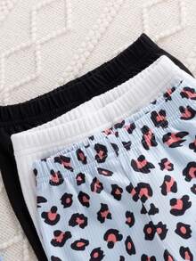 SHEIN Playful Pals 三件套女婴新生儿女童儿童休闲时尚豹纹动物图案猫脸罗纹针织柔软厚实上衣衬衫T恤裤子运动裤打底裤套装，适合日常玩耍、居家、生日、学校、春夏秋季穿着 - 藍色 - 查看 5