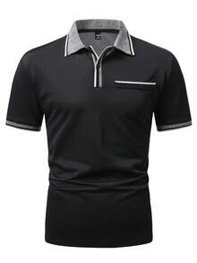 Calvornis 男士黑色夏季休閒商務工作 Polo 衫，對比條紋飾邊短袖經典領上衣附胸前口袋，日常通勤高爾夫 Polo 衫，儀式適用 - 黑色 - 查看 4