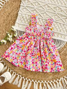 SHEIN Baby Girl Cute Floral Pattern Bow Strap Sundress, Summer Squishy Summer Outfits Summer Clothes Summer Dresses Vacation Spring Dresses Vacation Dresses - Multicolor - View 6