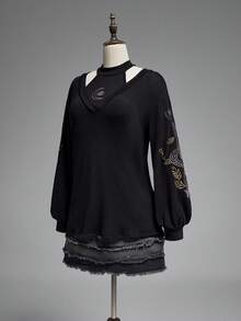 ROMWE Spring/Summerblack2pcs Gothic Snake Skin Floral Embroidery Design Women Set, Camisole + Outerwear Top - Black - View 11