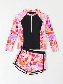 SHEIN Tween Girls Pink Cute Floral Print Long Sleeve Rash Guard Swimwear,Zipper Front Tankini Set With Shorts,Fashionable Summer Holiday Beach Swim Suit - Multicolor - View 5