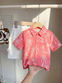 SHEIN 两件套男童舒适休闲日常百搭可爱植物印花夏威夷领短袖衬衫短裤套装，适合春夏季节、日常穿着、运动、郊游、上学、聚会、节日、拍照、返校、度假、海滩等场合。 - 彩色 - 查看 8