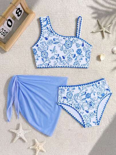 Young Girls Vintage Floral Print Strapless Summer Bikini Swimsuit Set 3pcs Set Bikini With Sarong Skirt Girls Swim Two Piece Tied Waist Swimwear Modest Bikini Set Two Piece Set Teens Swim Suit Floral Print Two Piece Swimsuit Girls Swim Skirt Set Summer Swimwear For Girls 3 Piece Swimsuit Kid Flower Print Bikini Set Kids Floral Swimsuit Blue Kids Bathing Suit Kids 3 Pc Swimwear Set 3 Piece Swimsuit Girls Girls Summer Swimwear Bikini Set With Sarong Skirt Girls Swim Set