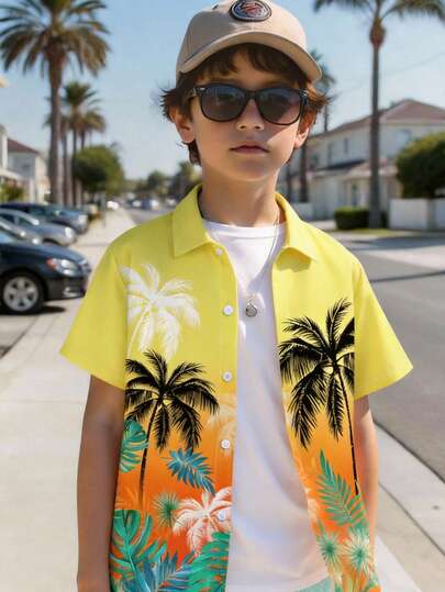 Tween Boy Casual Fashion, Cool Style, Holiday Vibe, Floral Print, Botanical Print Short Sleeve Polo Shirt