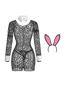 Spicy Aura 3pcs Bunny Waitress Costume,Sheer Stretchy Glittery Rhinestone Black Summer Sexy Club Rave Ladies Roleplay Outfit Lingerie For Women Cosplay - Black - View 9