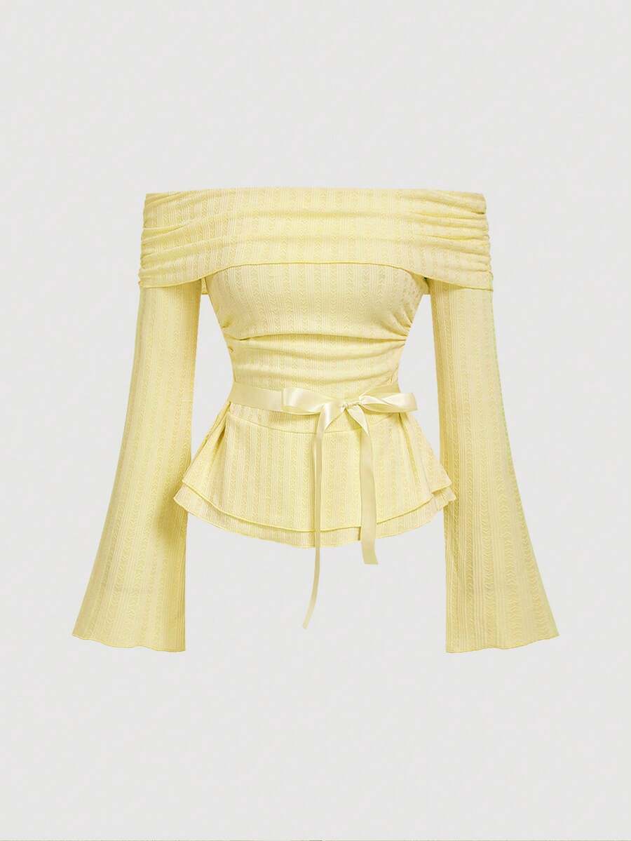 SHEIN MOD Women's Elegant Solid Color Off Shoulder Flare Sleeve T-Shirt - Yellow - View 1