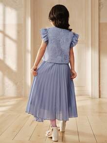 SHEIN Chân váy midi xếp ly họa tiết hoa 3D cho bé gái, thời trang và thanh lịch, thích hợp cho những buổi đi chơi hàng ngày và kỳ nghỉ. - Màu xanh lam - Xem 2