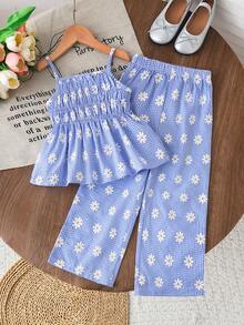 SHEIN 小女孩可爱雏菊格子印花吊带背心和飘逸阔腿裤套装，适合日常休闲和度假穿着。 - 藍色 - 查看 2