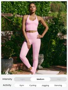GLOWMODE FeatherFit™ Double Time Adjustable Halter Sports Bra Tank Top Light Support Low Impact Yoga Pilates Daily Spring Summer - Baby Pink - View 5