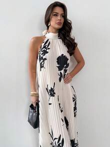 Firerie 女士优雅简约精致浪漫度假约会节日派对露背系带印花褶皱面料不对称下摆宽松A字长裙 - 杏色 - 查看 7