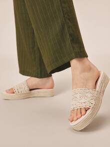 Styleloop 女士编织绳坡跟凉鞋，度假风波西米亚复古美式西部音乐节派对厚底鞋 - 杏色6 - 查看 3