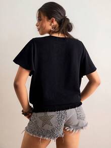 SHEIN VCAY 大码圆领短袖复古优雅简约衬衫 - 黑色 - 查看 3