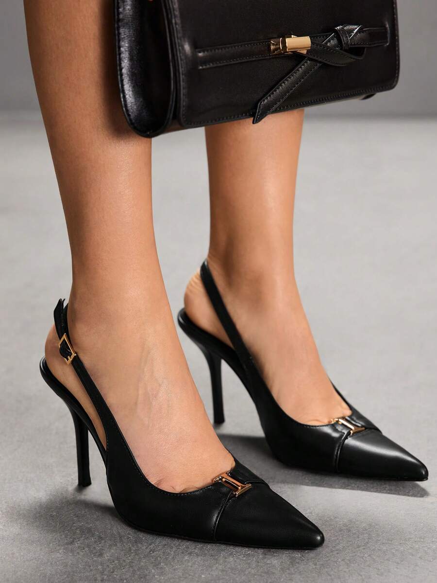 CUCCOO SZL 女士深红色时尚经典简约搭扣通勤办公休闲细高跟鞋 - 黑色 - 查看 1