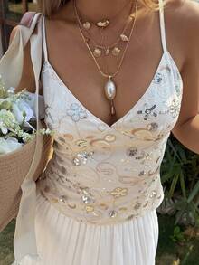 Holiday Easter Party Summer Vacation White Sequin Camisole Top For Women Boho - Apricot - View 5